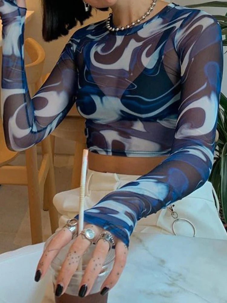 BLUE AND WHITE PATTERNED MESH CROP TOP