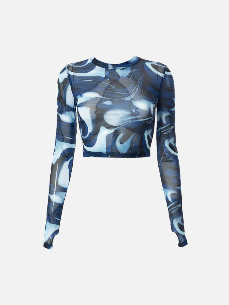 BLUE AND WHITE PATTERNED MESH CROP TOP