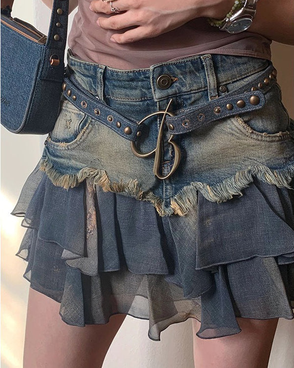 DENIM AND TULLE MINI SKIRT WITH STUDDED BELT FOR WOMEN