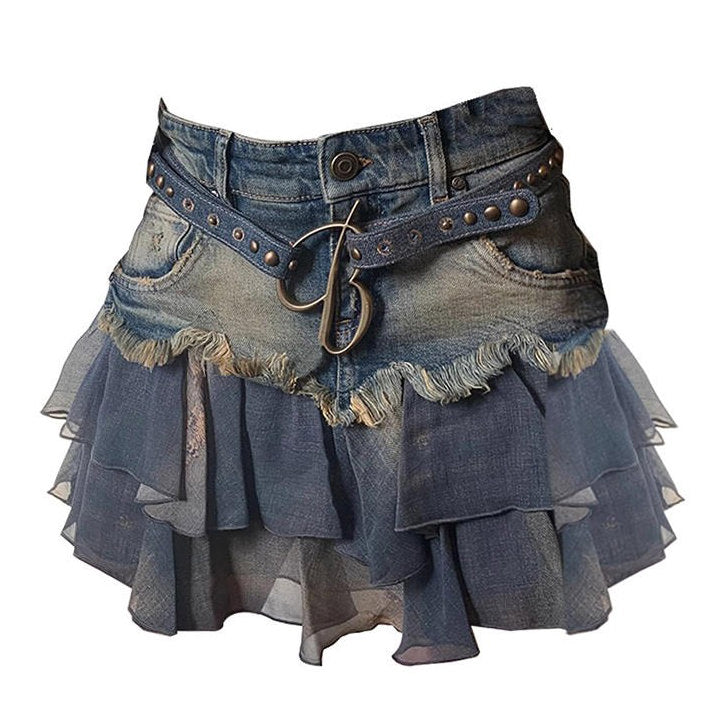 DENIM AND TULLE MINI SKIRT WITH STUDDED BELT FOR WOMEN