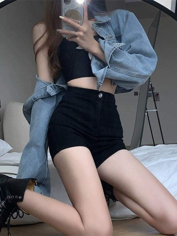 DENIM JACKET AND HIGH-WAISTED DENIM SHORTS CASUAL SET