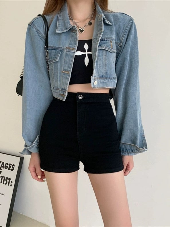 DENIM JACKET AND HIGH-WAISTED DENIM SHORTS CASUAL SET