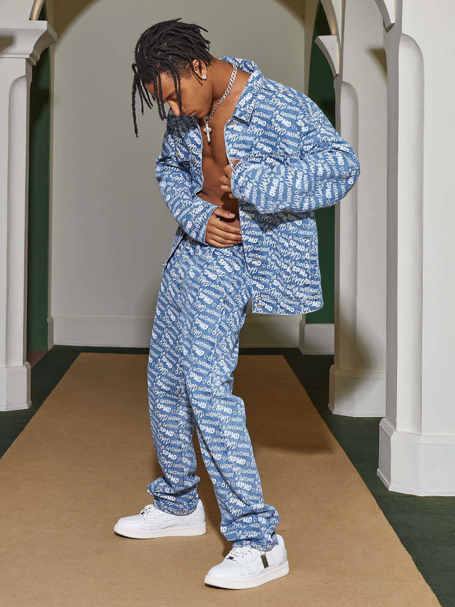 DENIM OUTFIT SET FOR MEN WITH LONG SLEEVE AND LAPEL COLLAR, LOOSE FIT