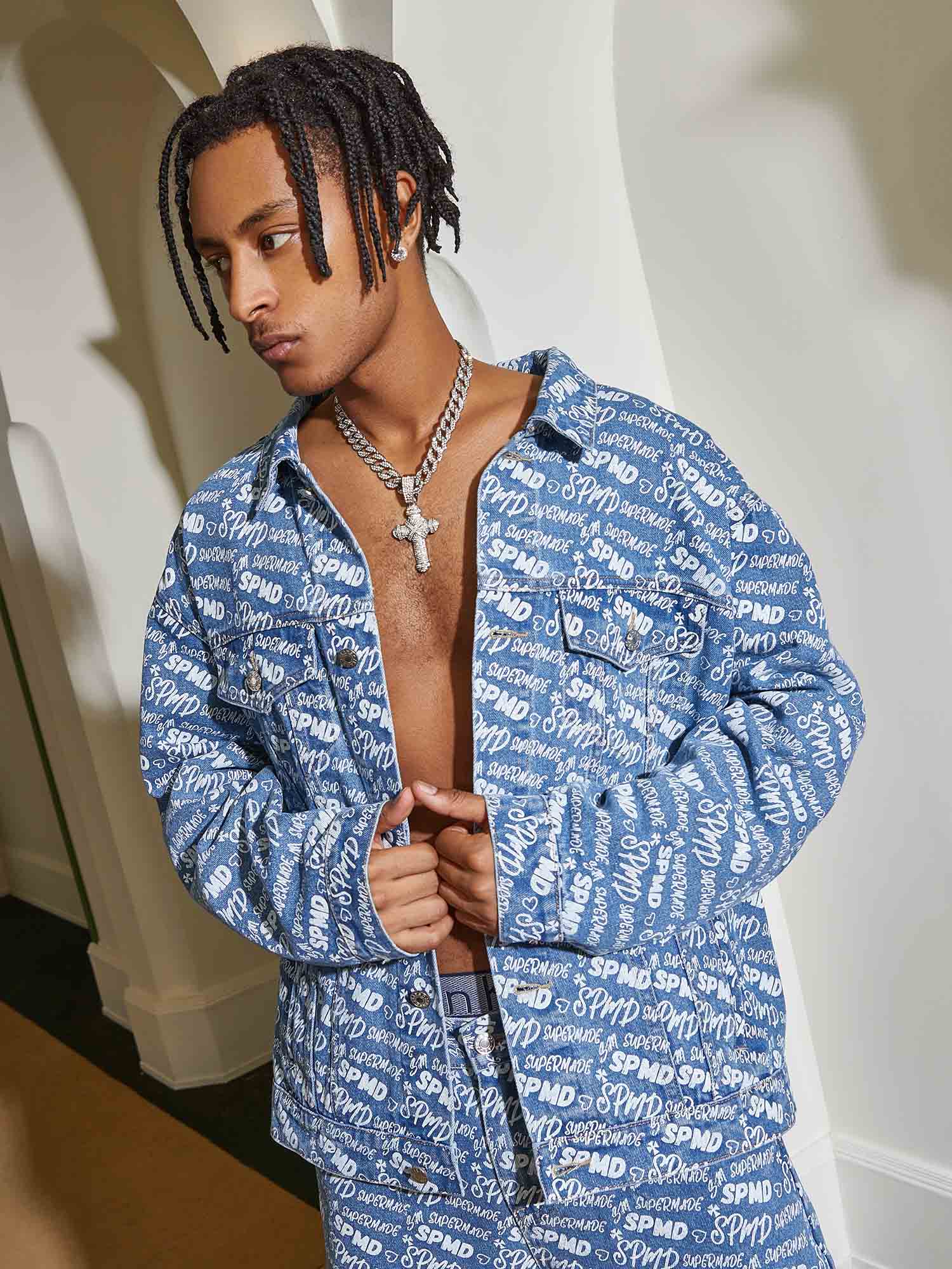 DENIM OUTFIT SET FOR MEN WITH LONG SLEEVE AND LAPEL COLLAR, LOOSE FIT