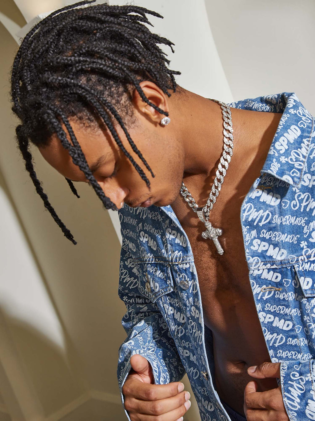 DENIM OUTFIT SET FOR MEN WITH LONG SLEEVE AND LAPEL COLLAR, LOOSE FIT