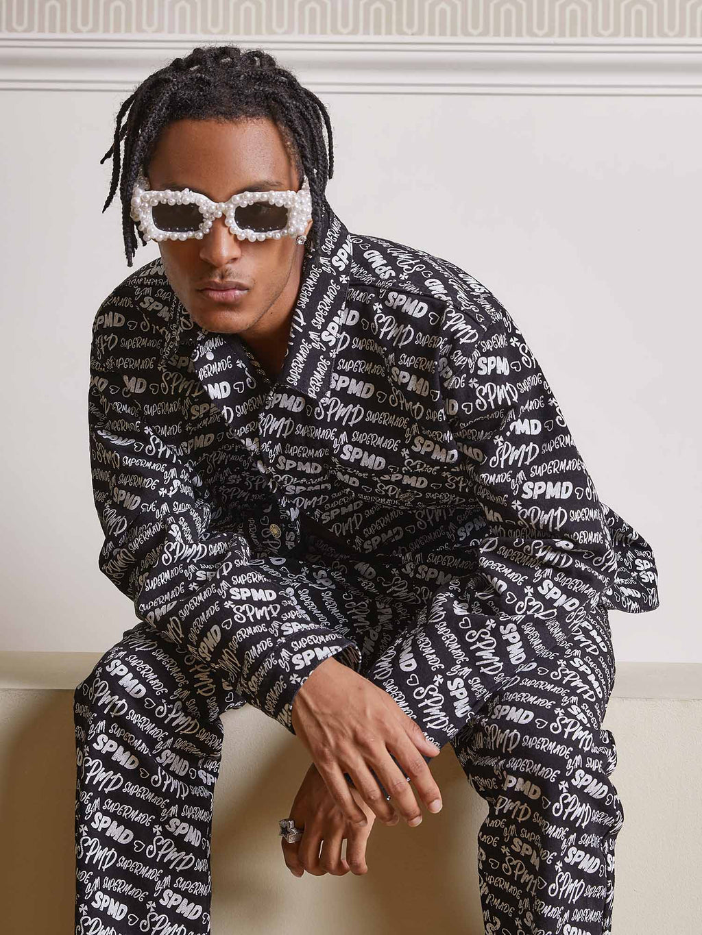 DENIM OUTFIT SET FOR MEN WITH LONG SLEEVE AND LAPEL COLLAR, LOOSE FIT