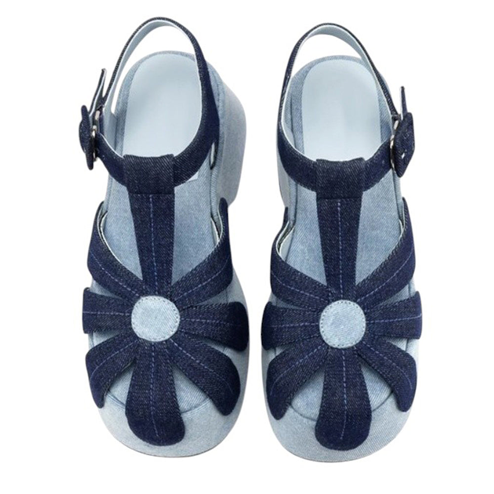 DENIM PLATFORM SANDALS WITH FLOWER DETAIL