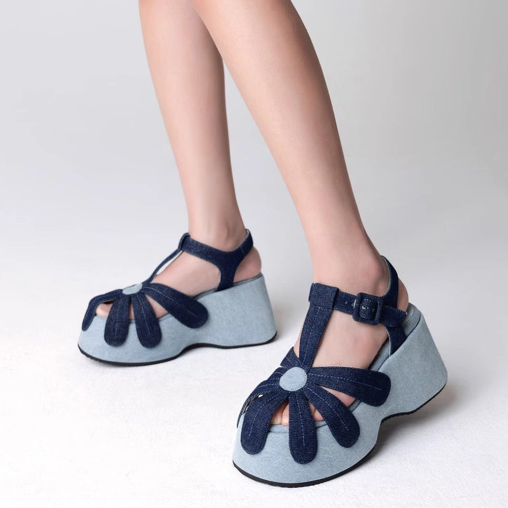 DENIM PLATFORM SANDALS WITH FLOWER DETAIL