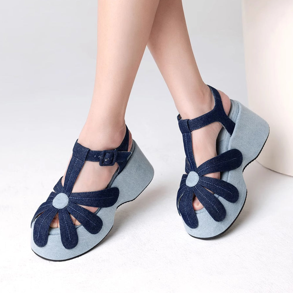 DENIM PLATFORM SANDALS WITH FLOWER DETAIL