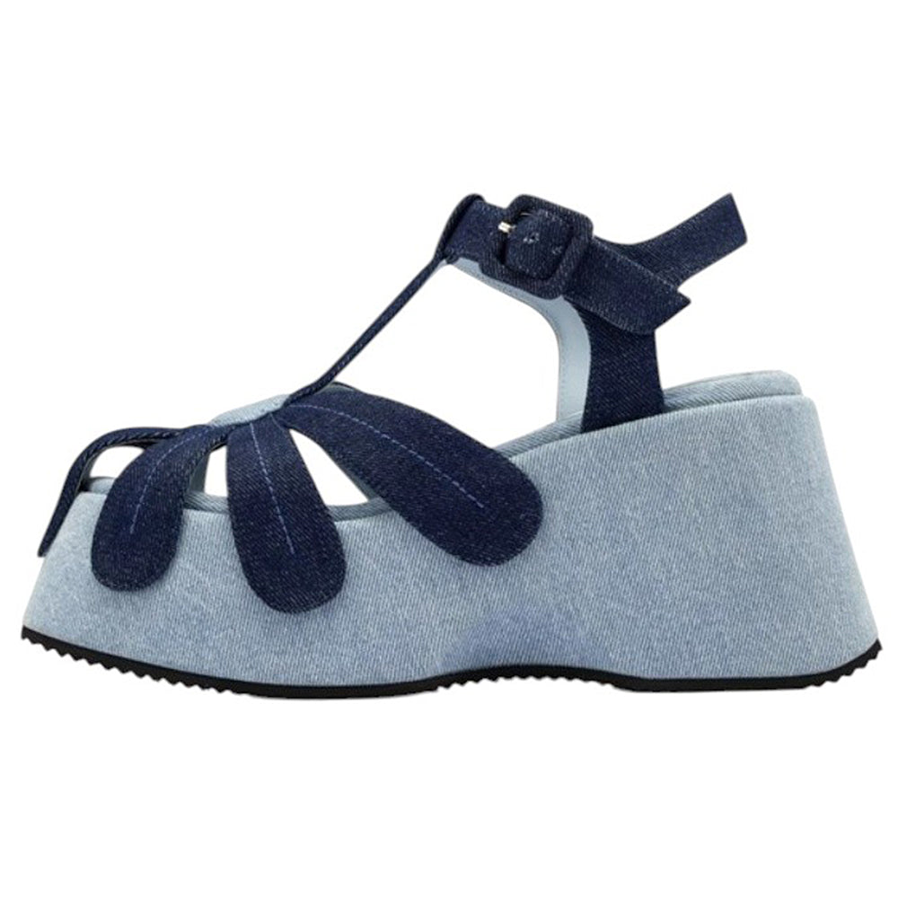 DENIM PLATFORM SANDALS WITH FLOWER DETAIL