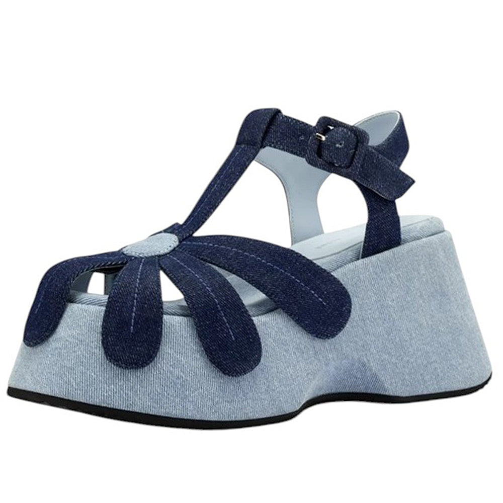 DENIM PLATFORM SANDALS WITH FLOWER DETAIL