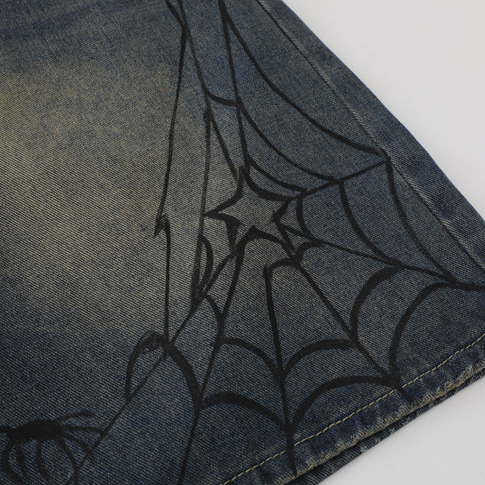 DENIM SHORTS WITH SPIDER AND WEB DESIGN - JEANS BAGGY FIT
