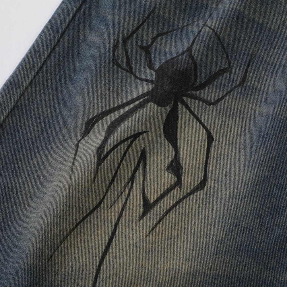 DENIM SHORTS WITH SPIDER AND WEB DESIGN - JEANS BAGGY FIT
