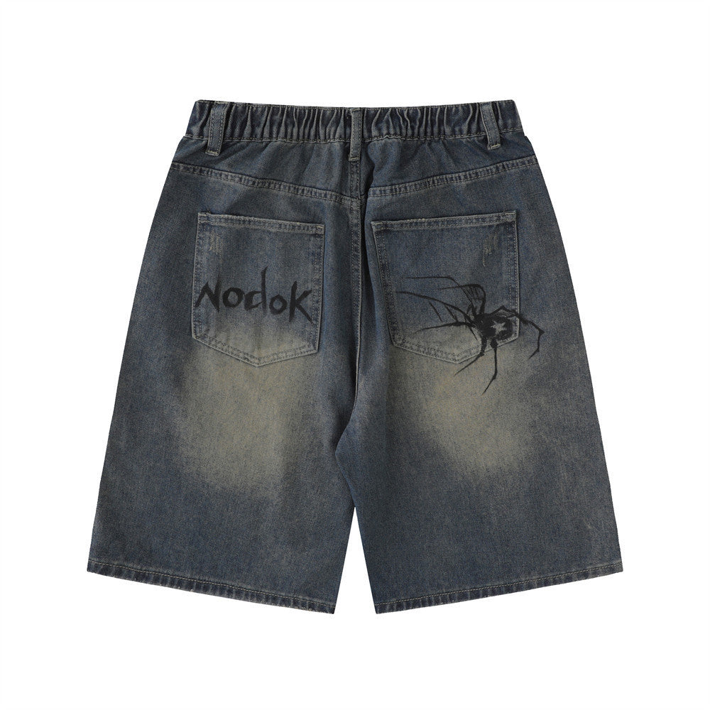 DENIM SHORTS WITH SPIDER AND WEB DESIGN - JEANS BAGGY FIT