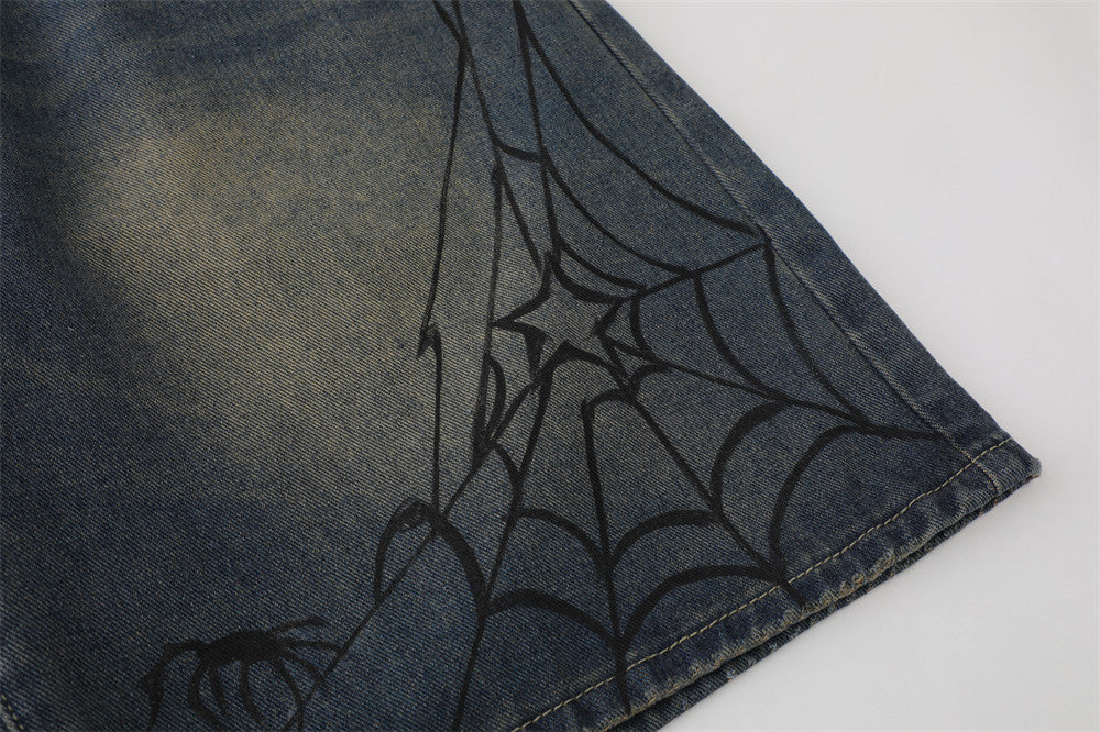 DENIM SHORTS WITH SPIDER AND WEB DESIGN - JEANS BAGGY FIT