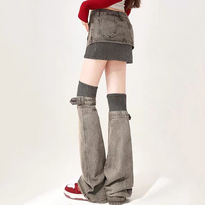 DENIM SKIRT OUTFIT WITH STRIPED LEG WARMERS AND SNEAKERS