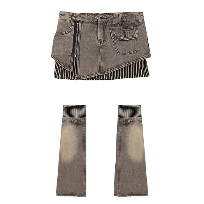 DENIM SKIRT OUTFIT WITH STRIPED LEG WARMERS AND SNEAKERS