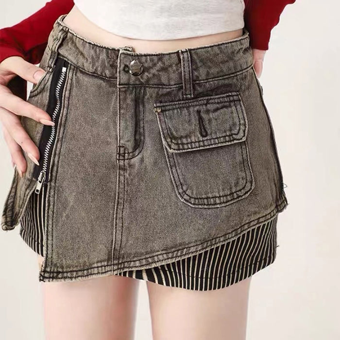 DENIM SKIRT OUTFIT WITH STRIPED LEG WARMERS AND SNEAKERS