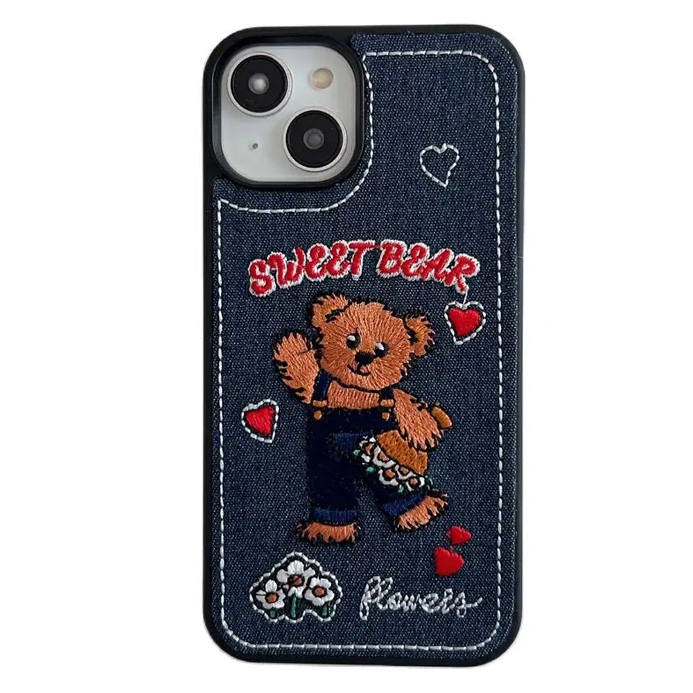 DENIM-TEXTURED PHONE CASE WITH SWEET BEAR EMBROIDERY FOR IPHONE