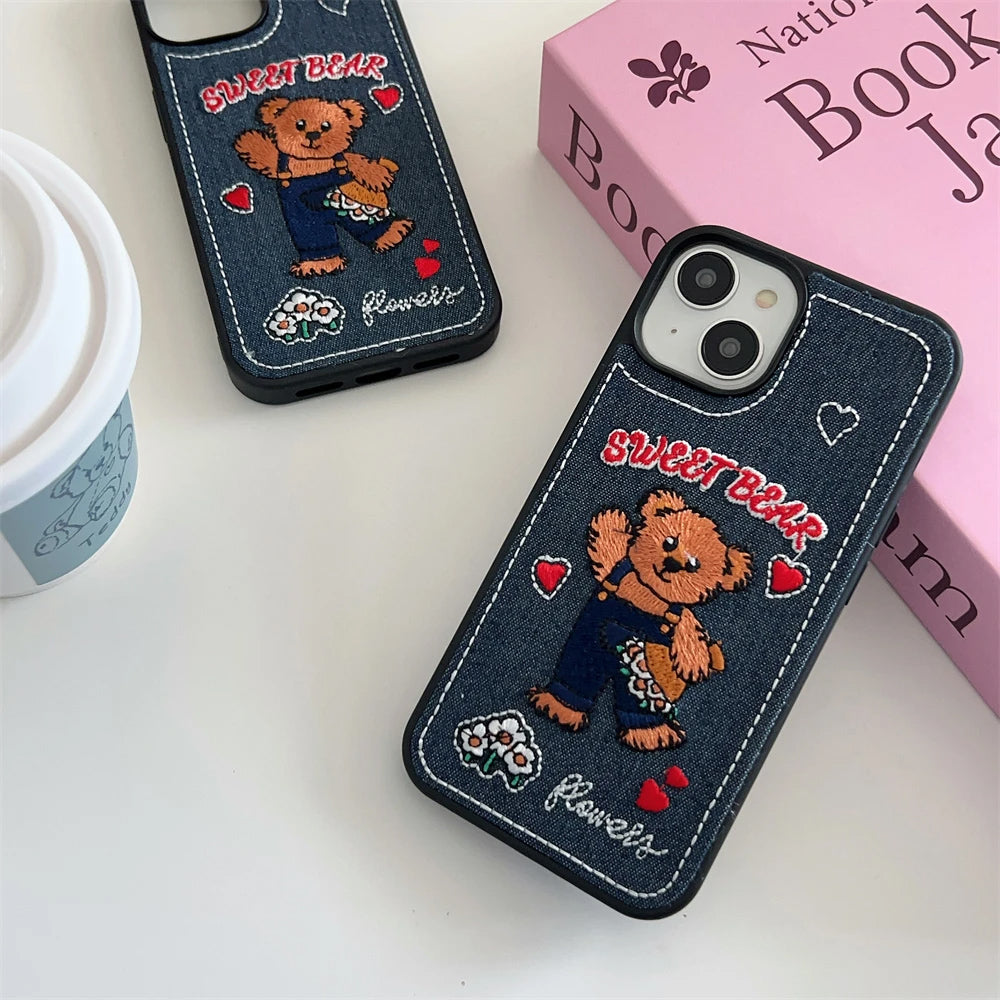 DENIM-TEXTURED PHONE CASE WITH SWEET BEAR EMBROIDERY FOR IPHONE