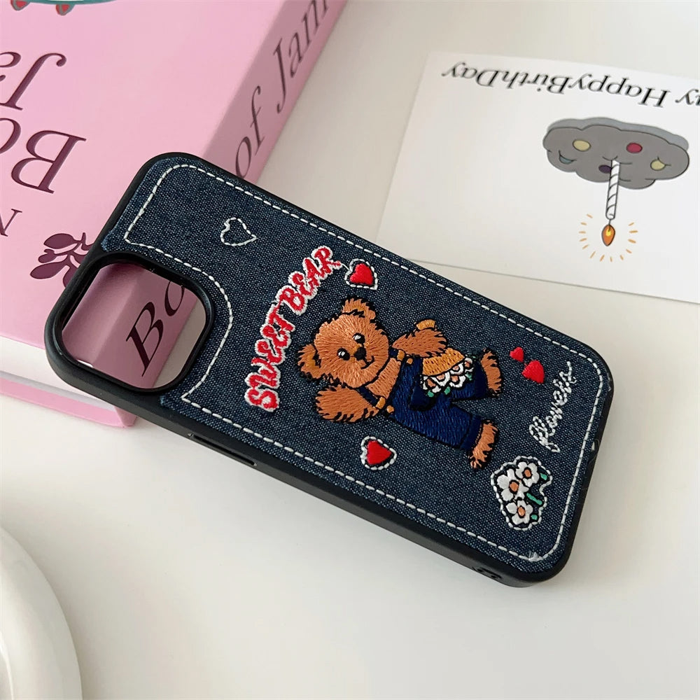 DENIM-TEXTURED PHONE CASE WITH SWEET BEAR EMBROIDERY FOR IPHONE