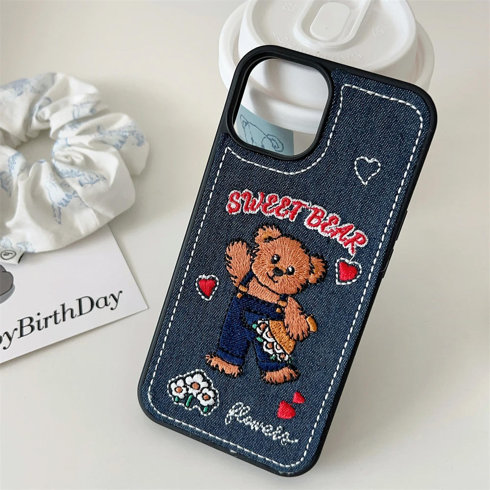 DENIM-TEXTURED PHONE CASE WITH SWEET BEAR EMBROIDERY FOR IPHONE