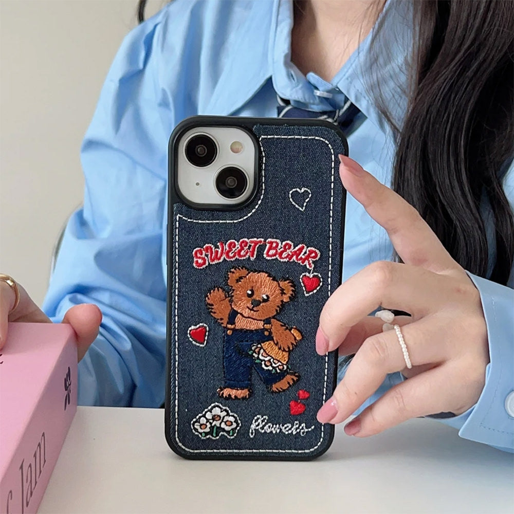 DENIM-TEXTURED PHONE CASE WITH SWEET BEAR EMBROIDERY FOR IPHONE