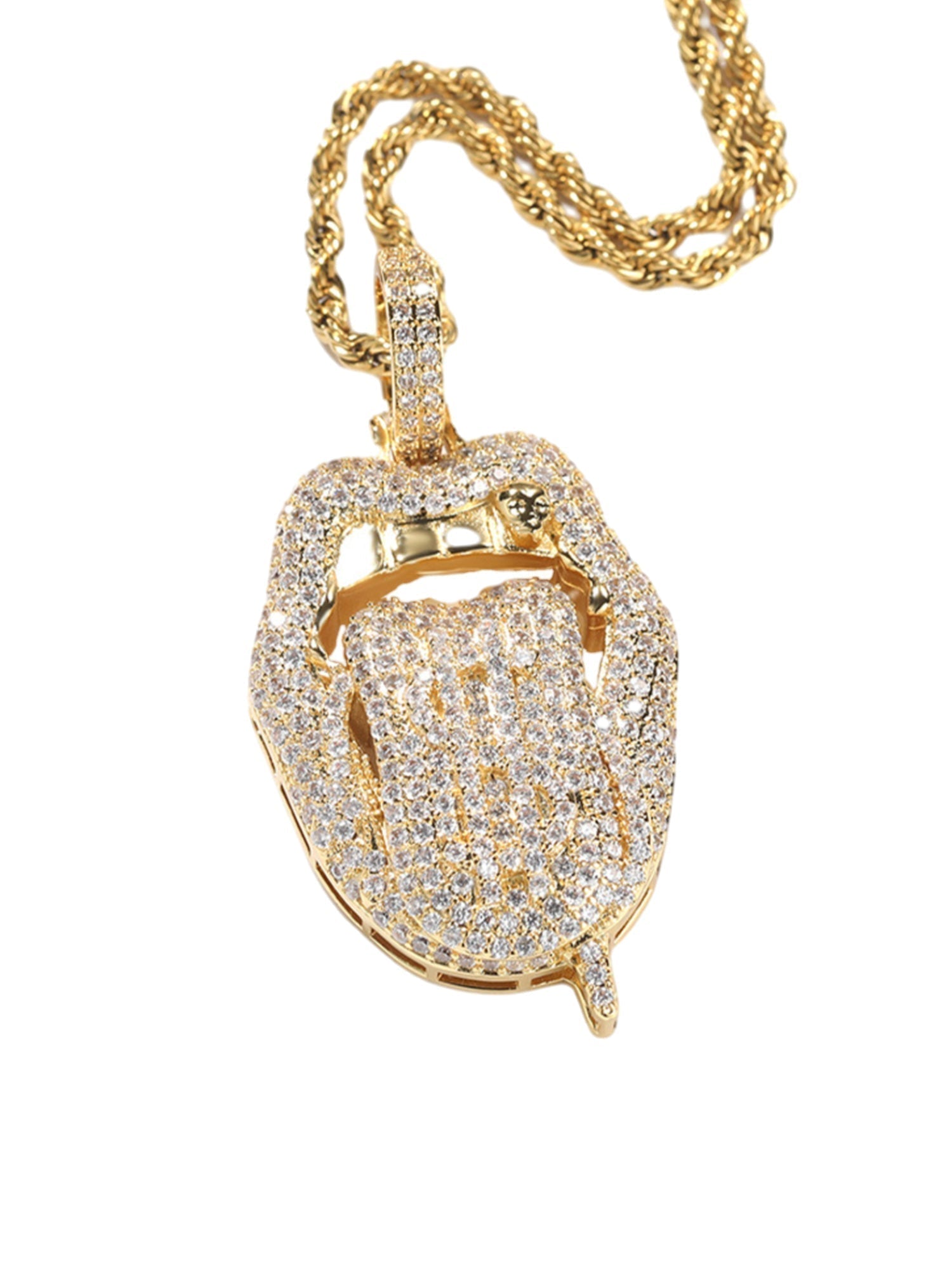DIAMOND-ENCRUSTED LIPS PENDANT WITH GOLD GRILL HIP HOP TONGUE PENDANT