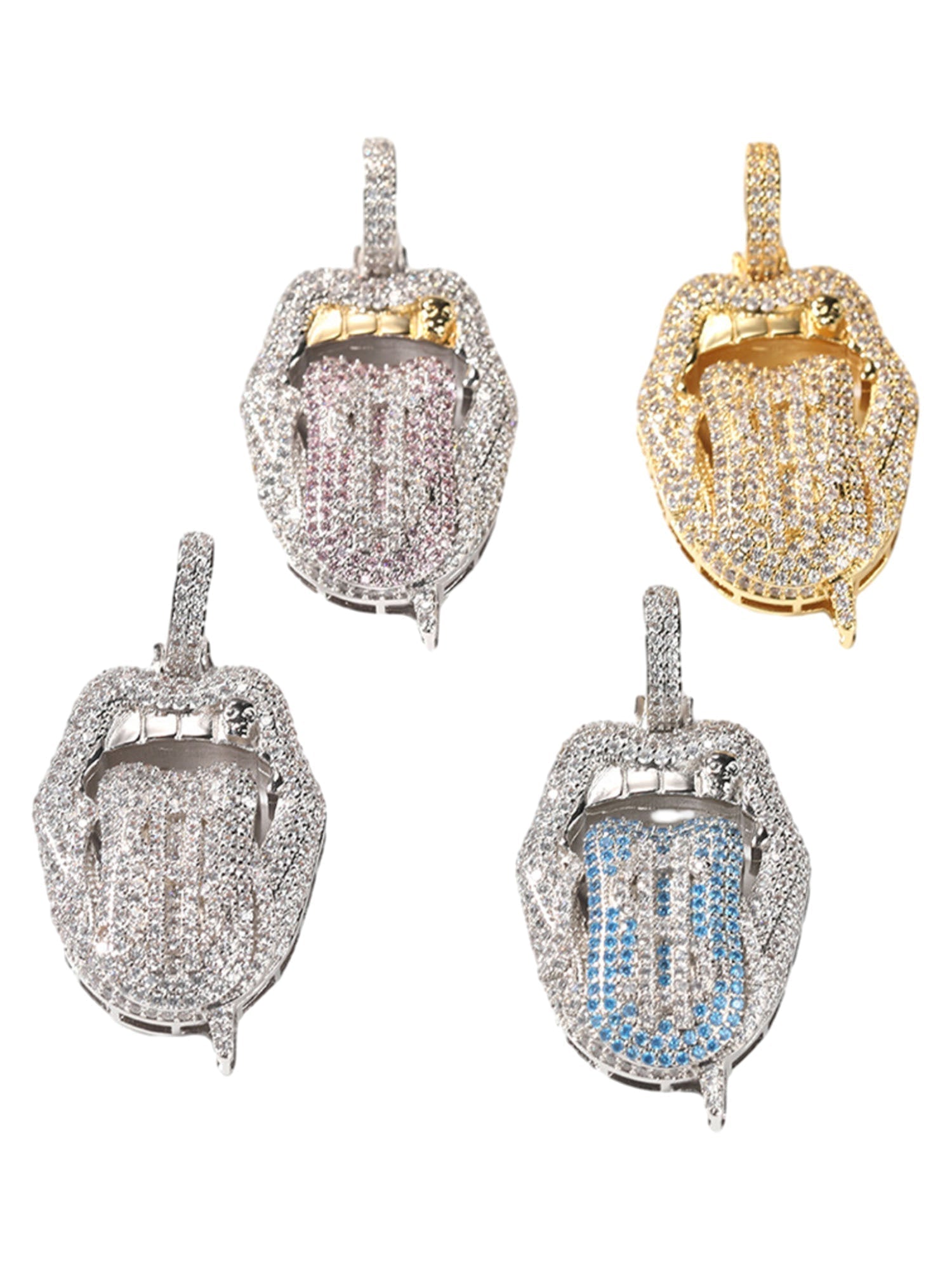 DIAMOND-ENCRUSTED LIPS PENDANT WITH GOLD GRILL HIP HOP TONGUE PENDANT