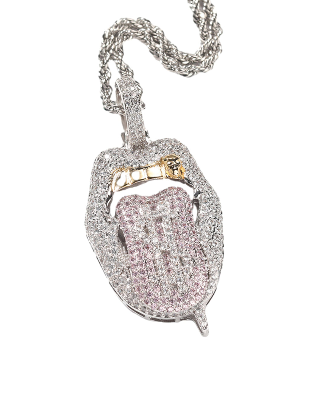 DIAMOND-ENCRUSTED LIPS PENDANT WITH GOLD GRILL HIP HOP TONGUE PENDANT