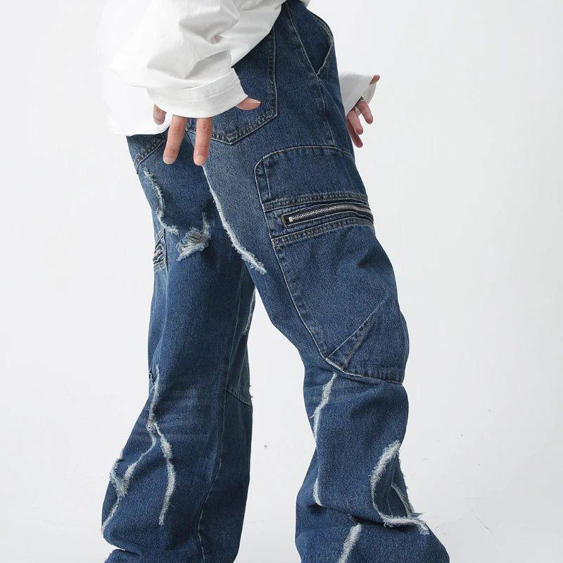 DISTRESSED BLACK CARGO JEANS WITH CARGO JEANS LIGHTNING STYLE