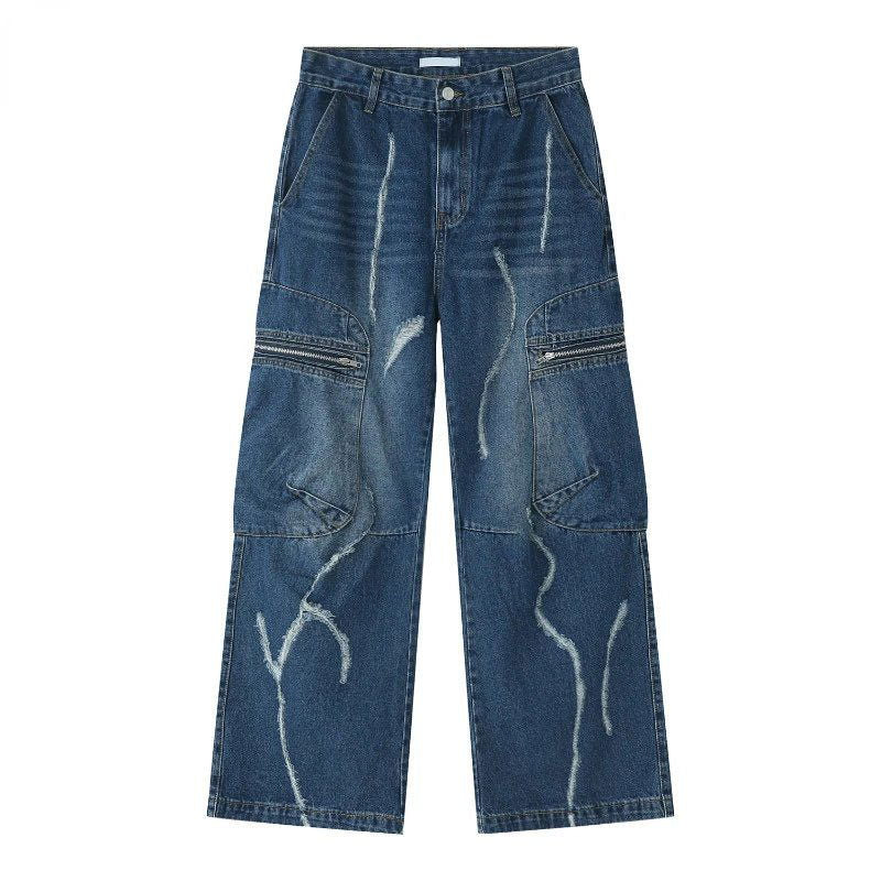 DISTRESSED BLACK CARGO JEANS WITH CARGO JEANS LIGHTNING STYLE