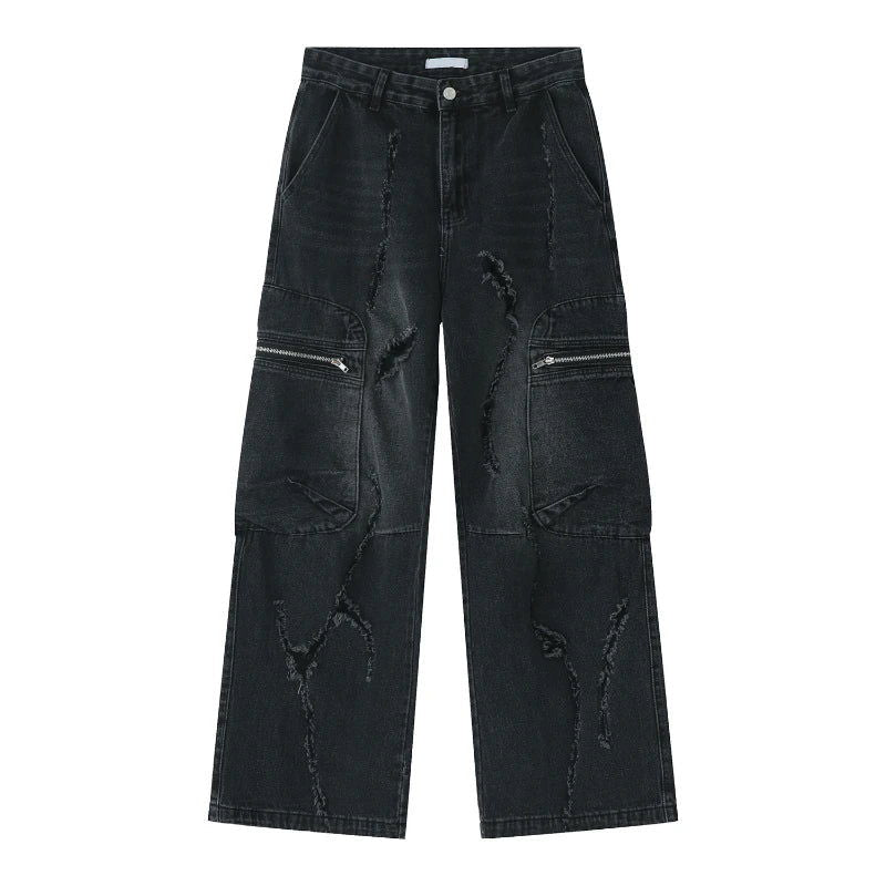 DISTRESSED BLACK CARGO JEANS WITH CARGO JEANS LIGHTNING STYLE