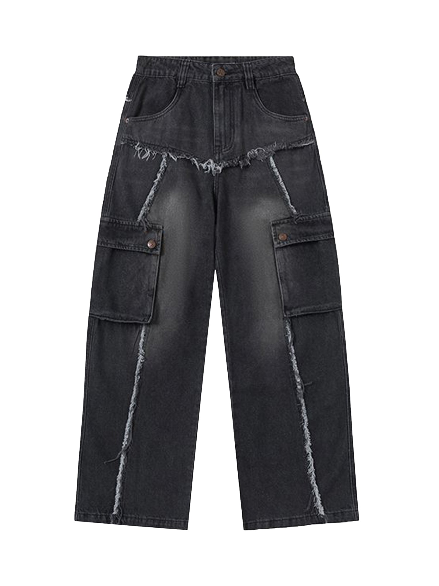 DISTRESSED BLACK DENIM CARGO PANTS WITH WIDE LEG DESIGN