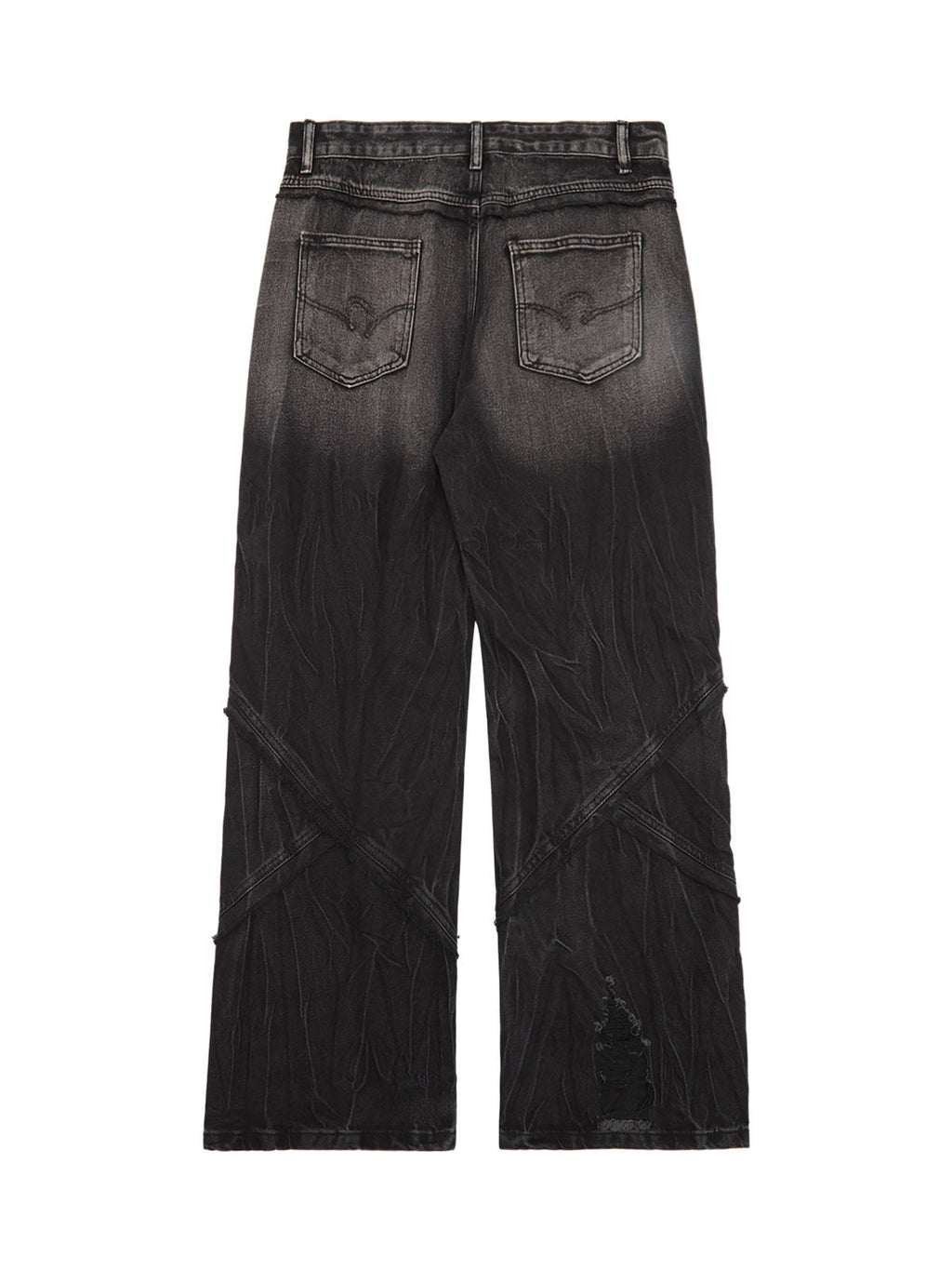 DISTRESSED BLACK DENIM JEANS MID WAIST STRAIGHT LEG LONG PANTS