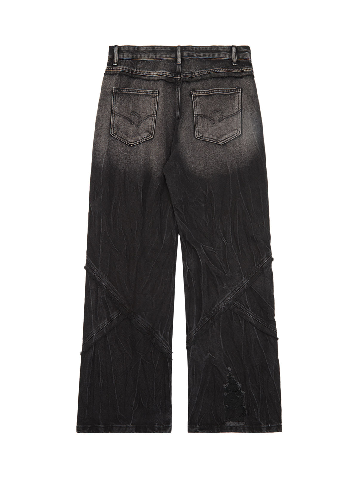 DISTRESSED BLACK DENIM JEANS MID WAIST STRAIGHT LEG LONG PANTS