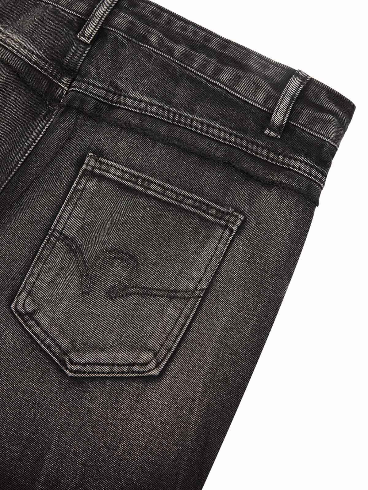 DISTRESSED BLACK DENIM JEANS MID WAIST STRAIGHT LEG LONG PANTS