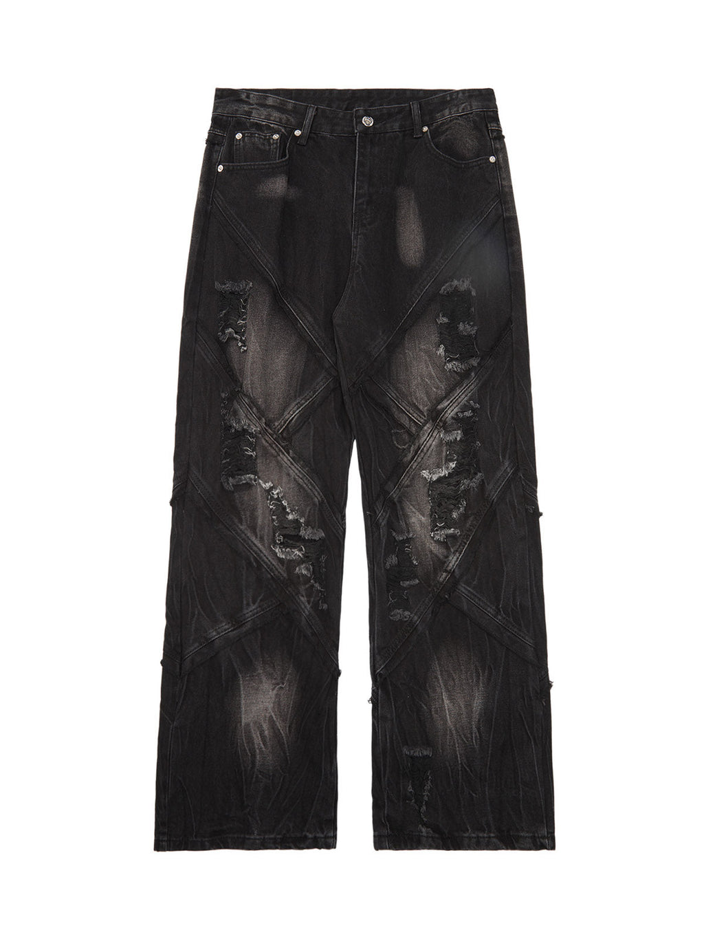 DISTRESSED BLACK DENIM JEANS MID WAIST STRAIGHT LEG LONG PANTS