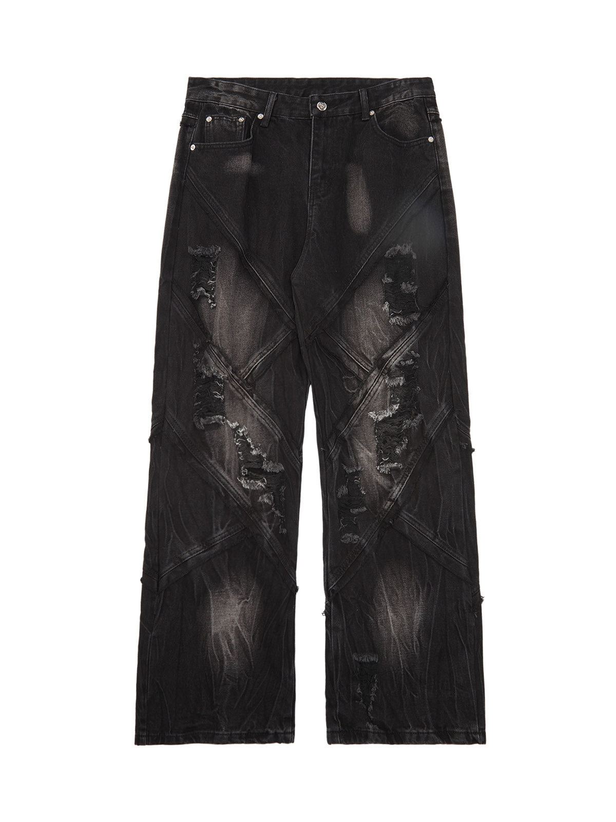 DISTRESSED BLACK DENIM JEANS MID WAIST STRAIGHT LEG LONG PANTS