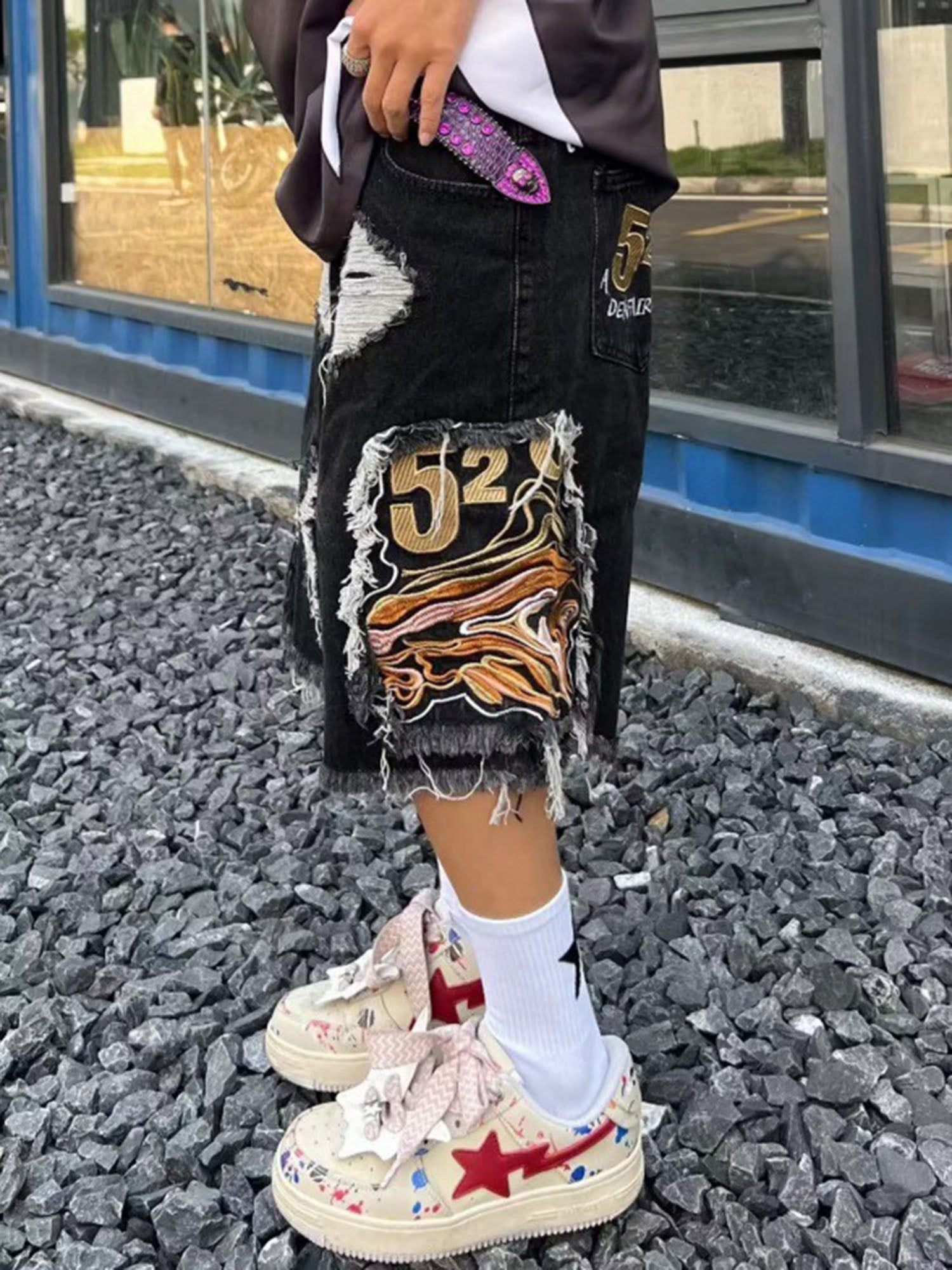 DISTRESSED BLACK DENIM SHORTS WITH DENIM CAPRI STYLE