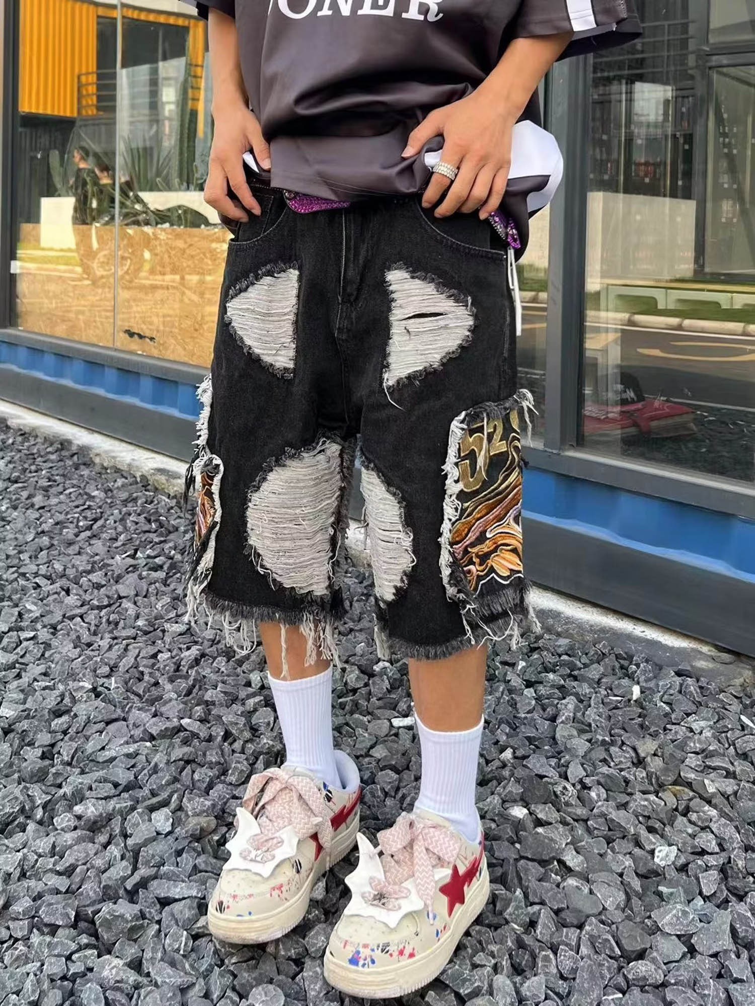 DISTRESSED BLACK DENIM SHORTS WITH DENIM CAPRI STYLE