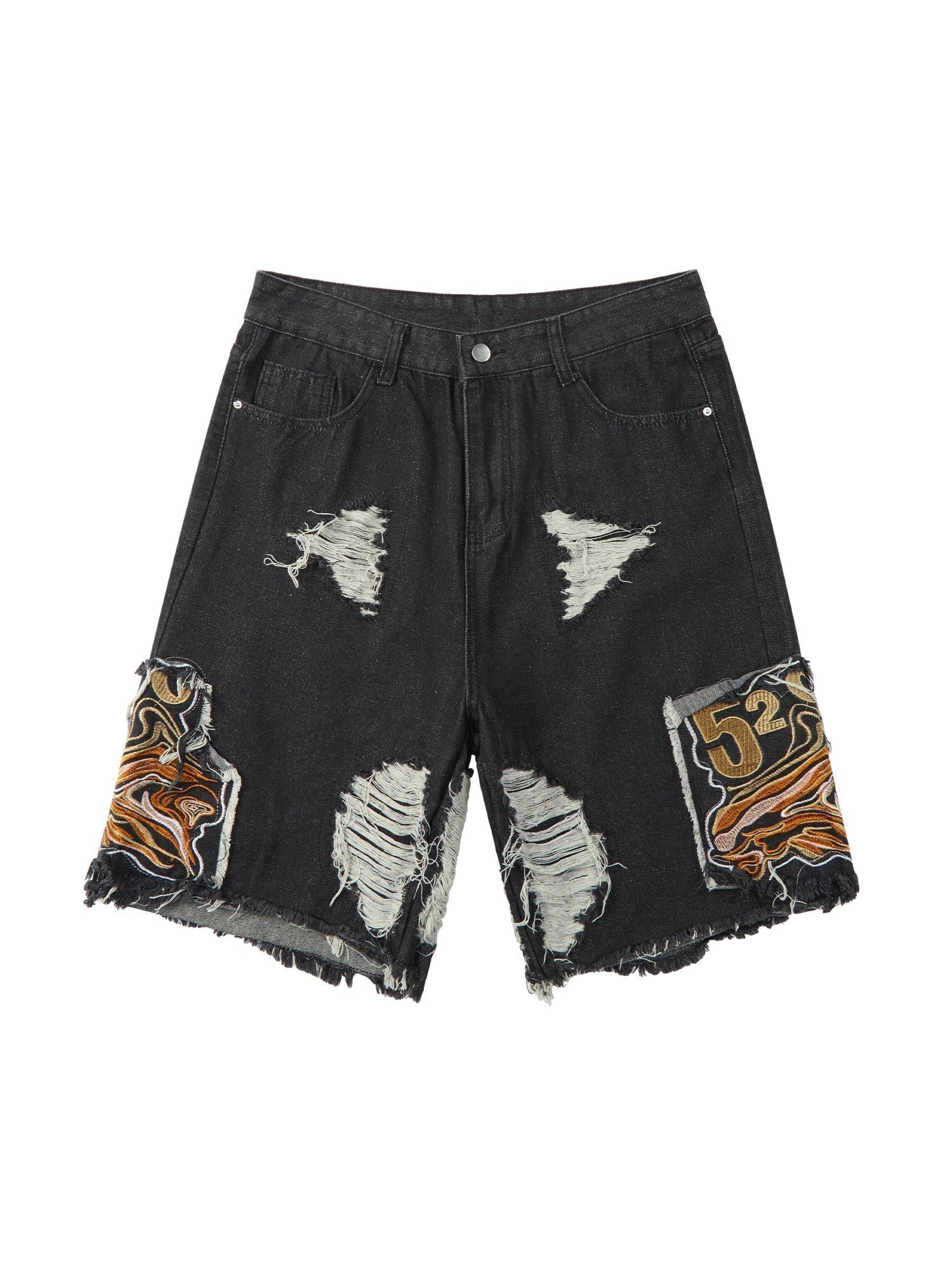 DISTRESSED BLACK DENIM SHORTS WITH DENIM CAPRI STYLE