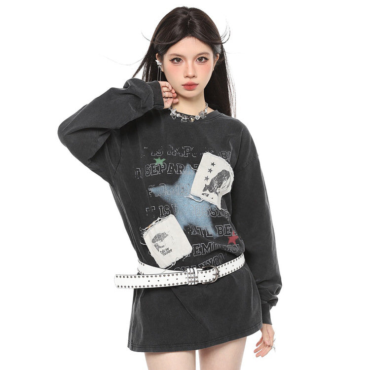 DISTRESSED BLACK GRAPHIC SWEATSHIRT WITH PATCHES FOR CASUAL WEAR