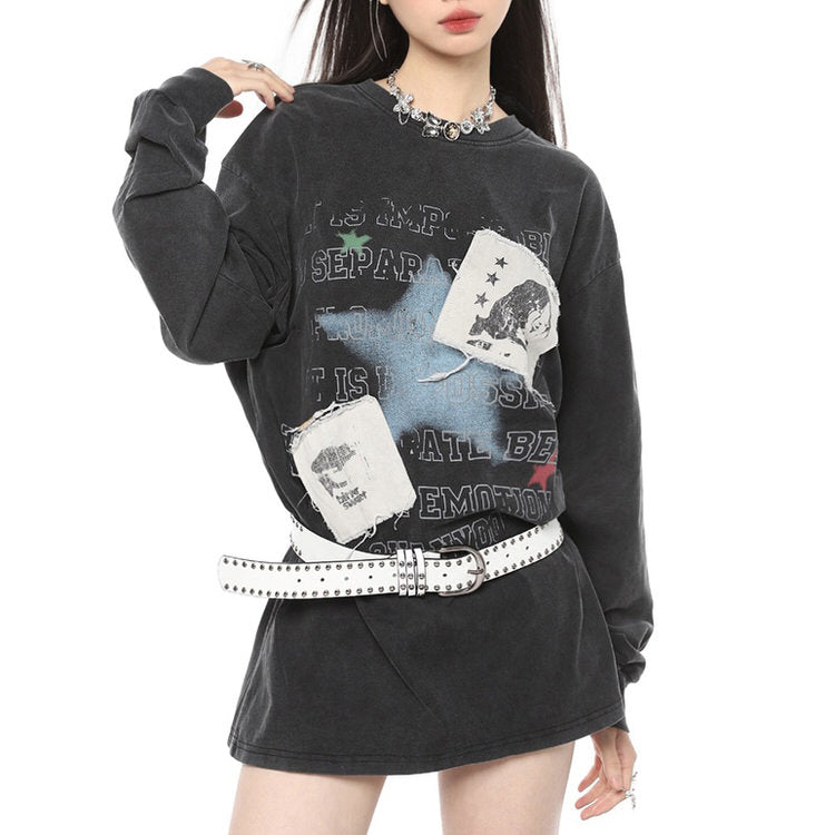 DISTRESSED BLACK GRAPHIC SWEATSHIRT WITH PATCHES FOR CASUAL WEAR