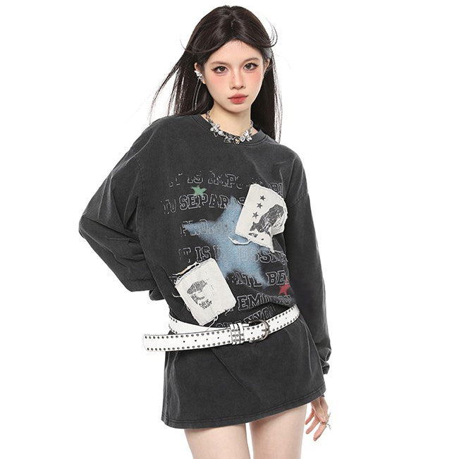 DISTRESSED BLACK GRAPHIC SWEATSHIRT WITH PATCHES FOR CASUAL WEAR