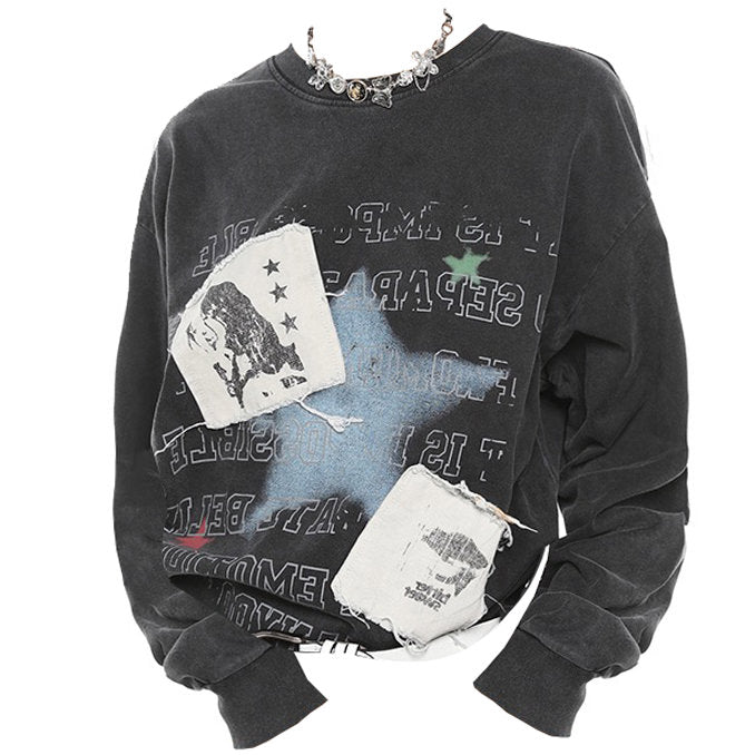 DISTRESSED BLACK GRAPHIC SWEATSHIRT WITH PATCHES FOR CASUAL WEAR