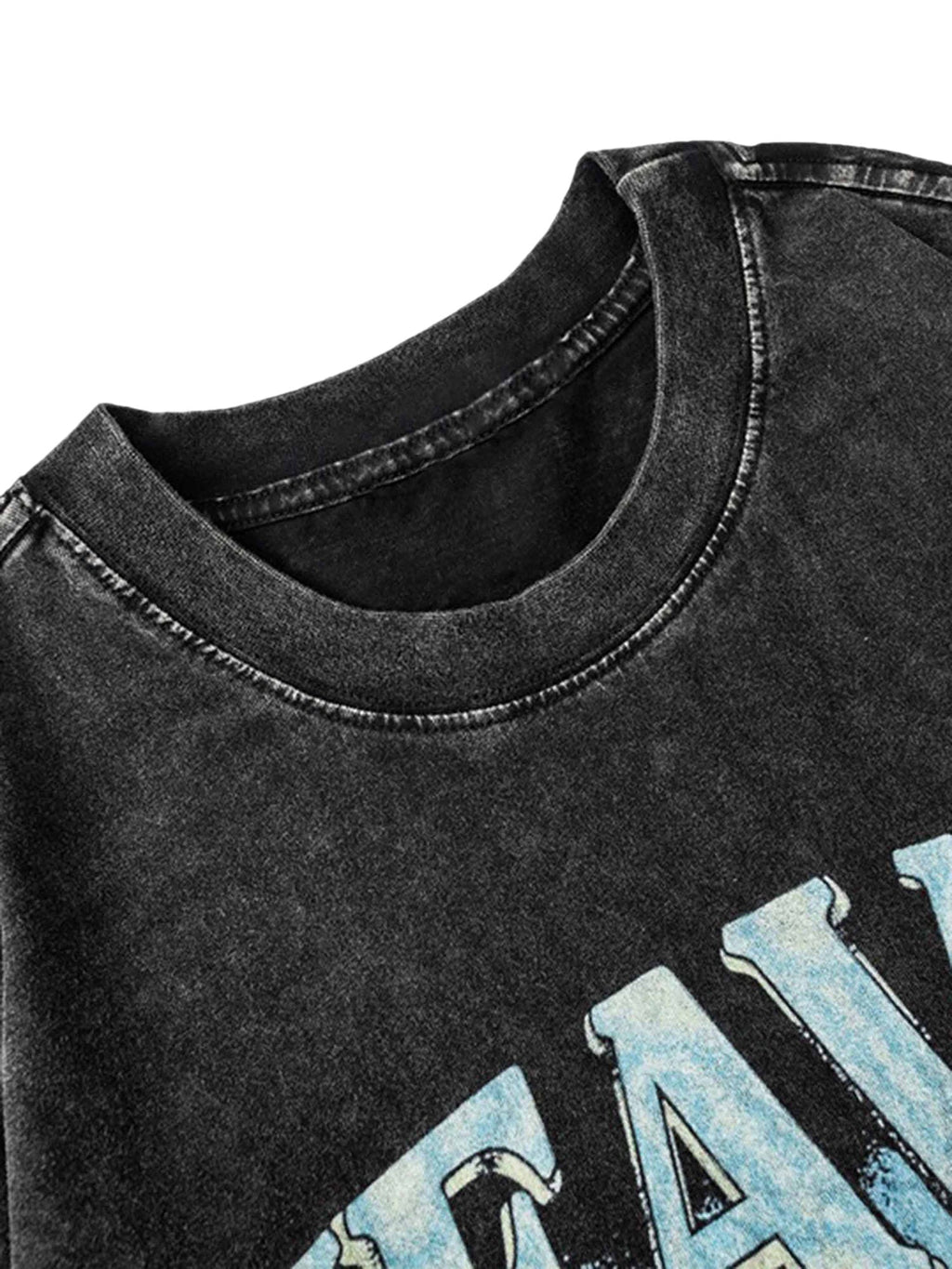 DISTRESSED BLACK GRAPHIC T-SHIRT TRENDY CASUAL COTTON BLEND