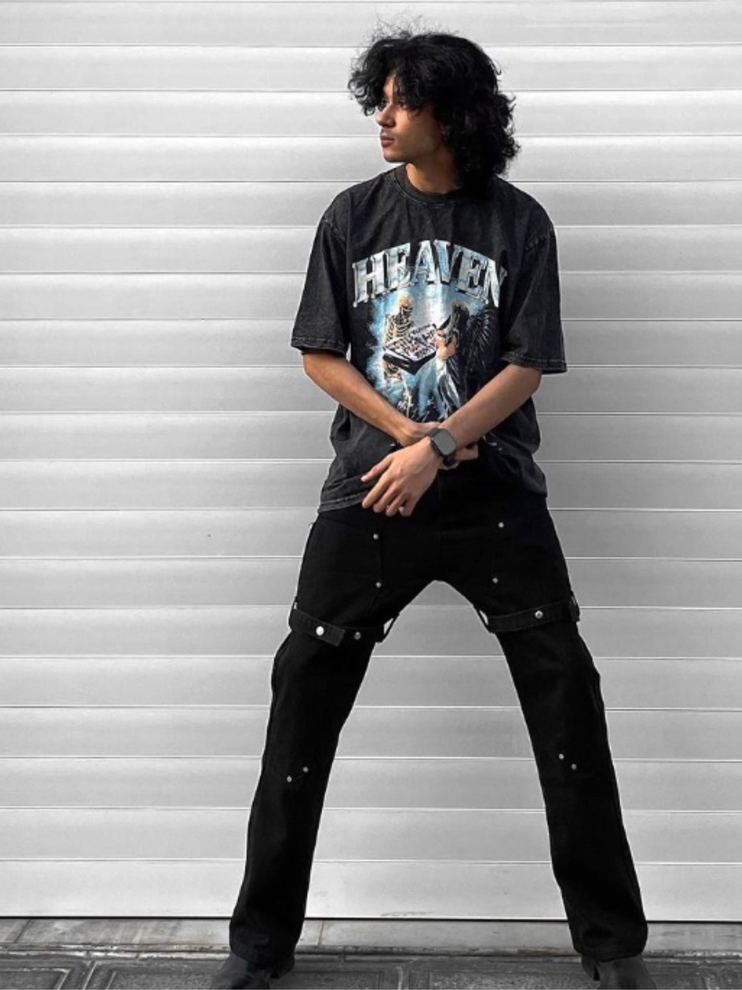 DISTRESSED BLACK GRAPHIC T-SHIRT TRENDY CASUAL COTTON BLEND