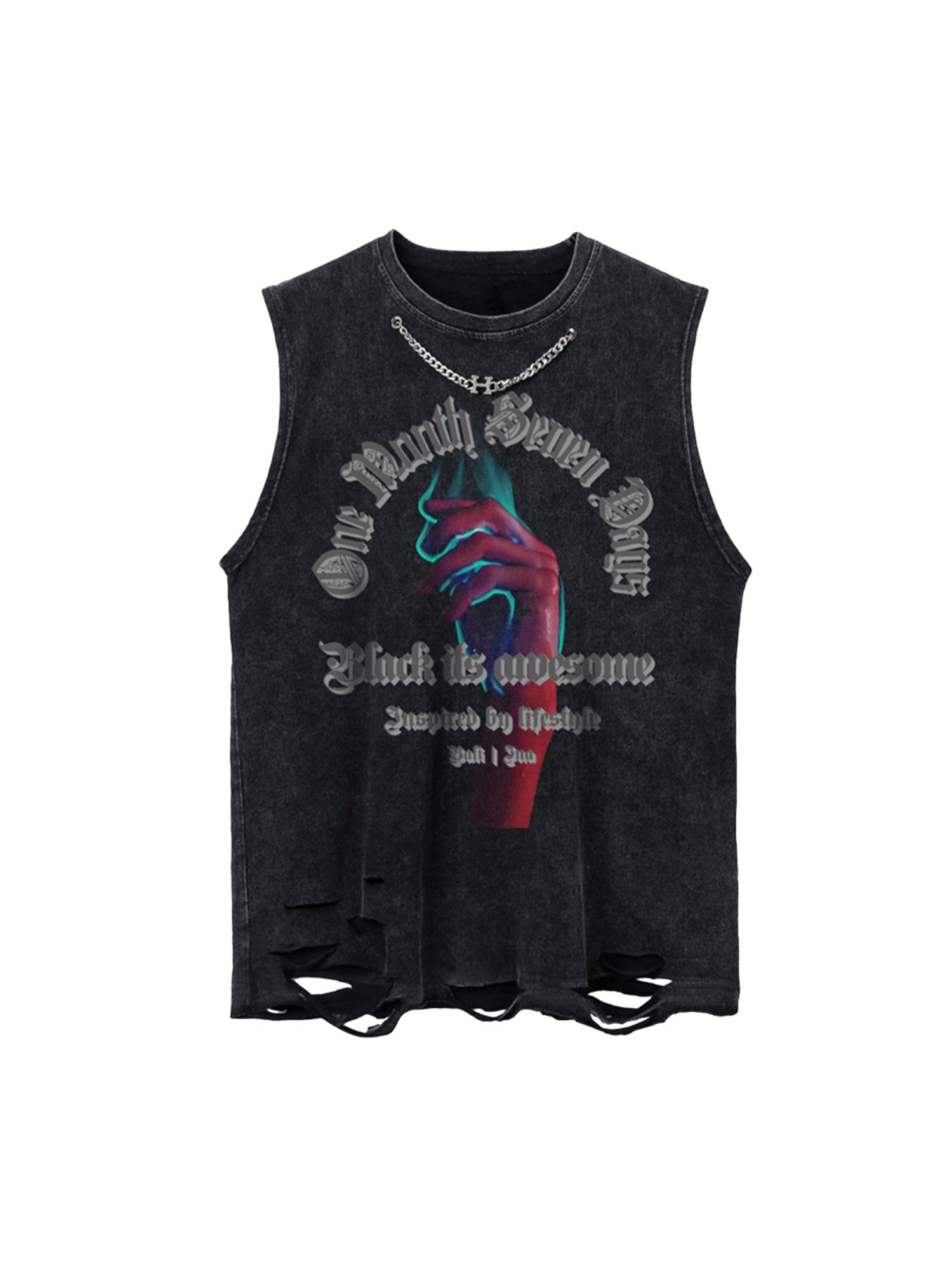 DISTRESSED BLACK GRAPHIC TANK TOP TRENDY SHORT SLEEVE ROUND COLLAR