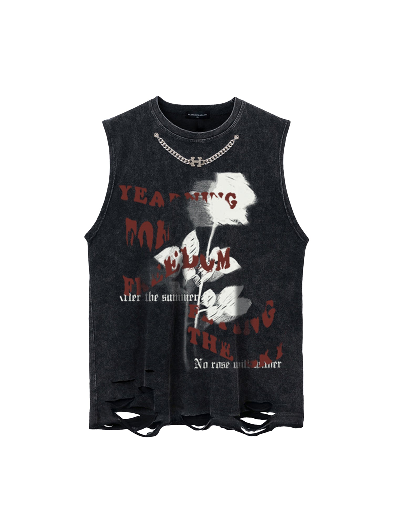 DISTRESSED BLACK GRAPHIC TANK TOP WITH CARTOON PRINT SLEEVELESS DESIGN